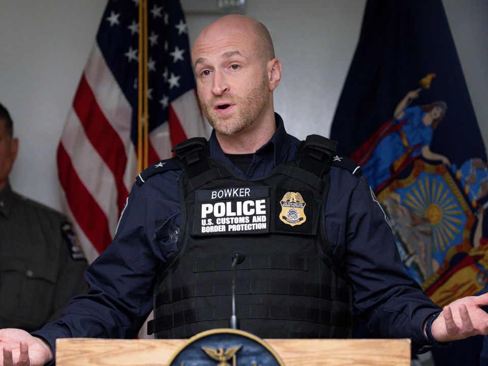 Officer Bowker of US Customs and Border Protection speaks to press after an incident at the Rainbow Bridge U.S. border crossing with Canada, in Niagara Falls, New York, U.S. November 22, 2023.  REUTERS/Lindsay DeDario
