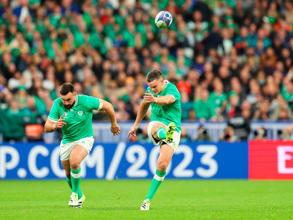 PARIS, FRANCE - OCTOBER 14: Johnny Sexton of Ireland kicks the ball during the Rugby World Cup France 2023 Quarter Final match between Ireland and New Zealand at Stade de France on October 14, 2023 in Paris, France. (Photo by Chris Hyde/Getty Images)
